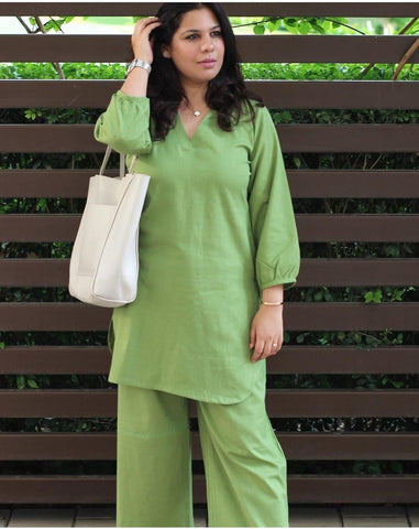 Monochrome Elegance Cotton Slub Pant-Set