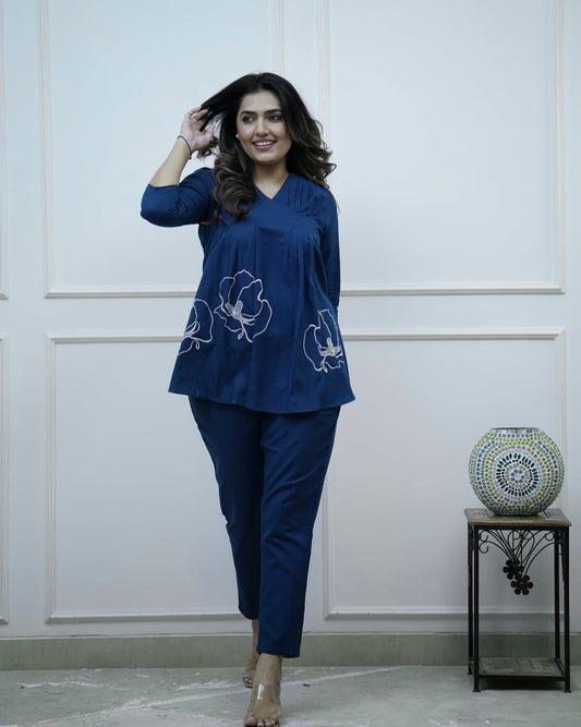 Petal Pintex Cotton Slub Kurti Pant Set