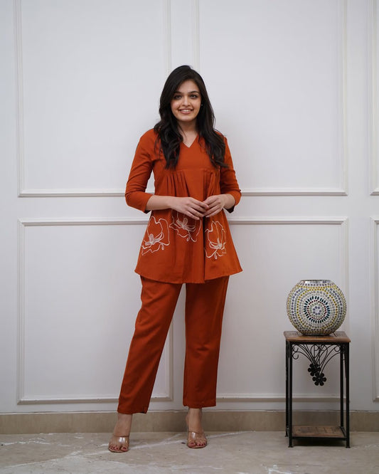 Petal Pintex Cotton Slub Kurti Pant Set