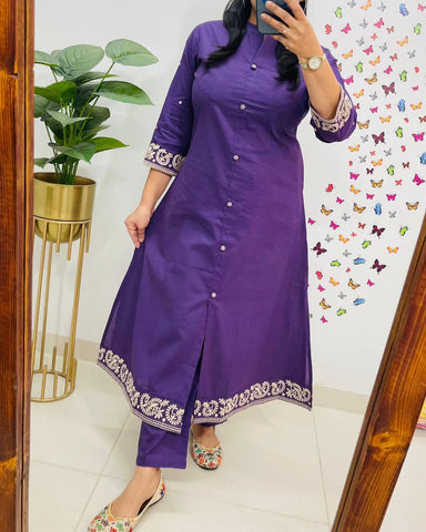Elegant Cotton Embroidered Kurti Set with Pant – Office Wear