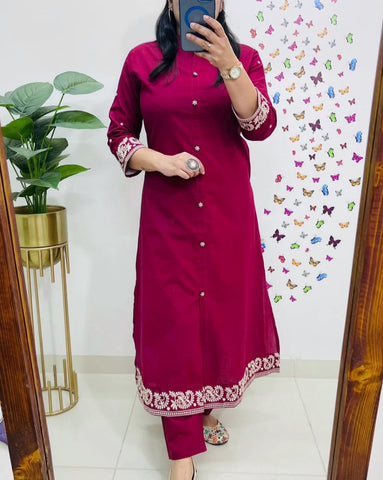 Elegant Cotton Embroidered Kurti Set with Pant – Office Wear