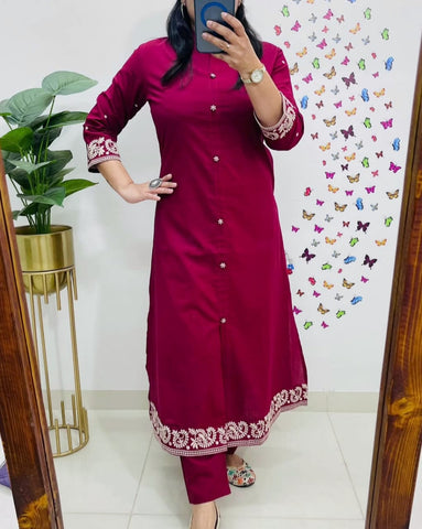 Elegant Cotton Embroidered Kurti Set with Pant – Office Wear