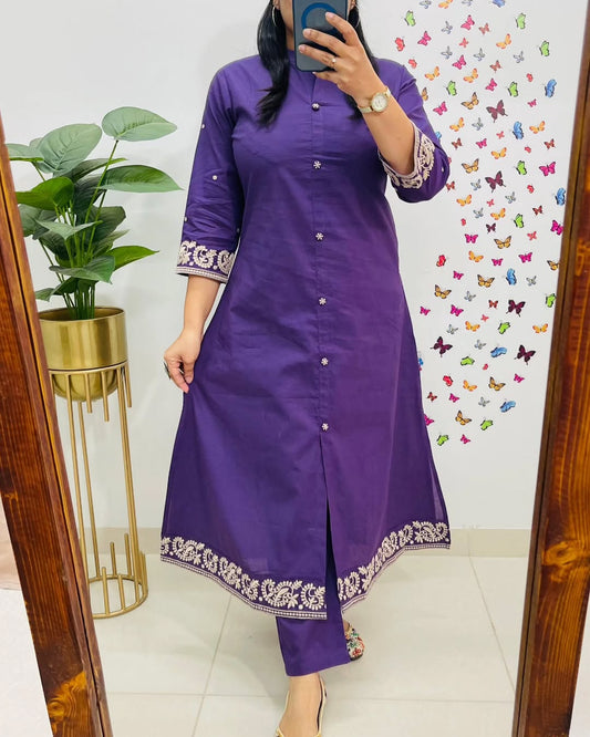 Elegant Cotton Embroidered Kurti Set with Pant – Office Wear