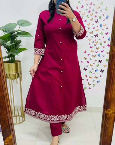 Elegant Cotton Embroidered Kurti Set with Pant – Office Wear
