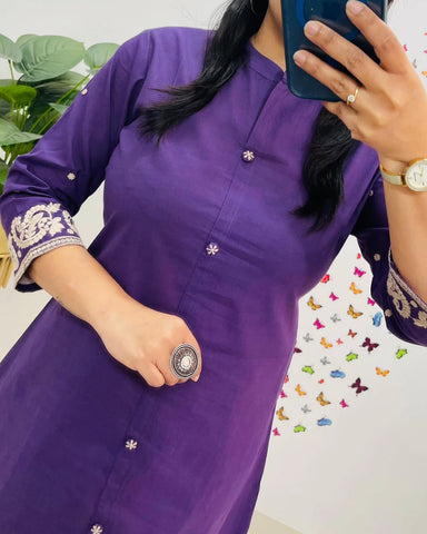 Elegant Cotton Embroidered Kurti Set with Pant – Office Wear