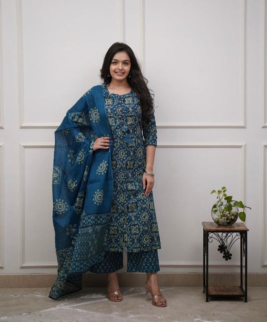 Blockprint Charm – Premium 3Pc Cotton Set Kurti